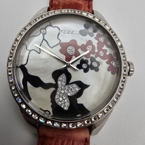 Fossil Floral Watch with Red Leather Strap